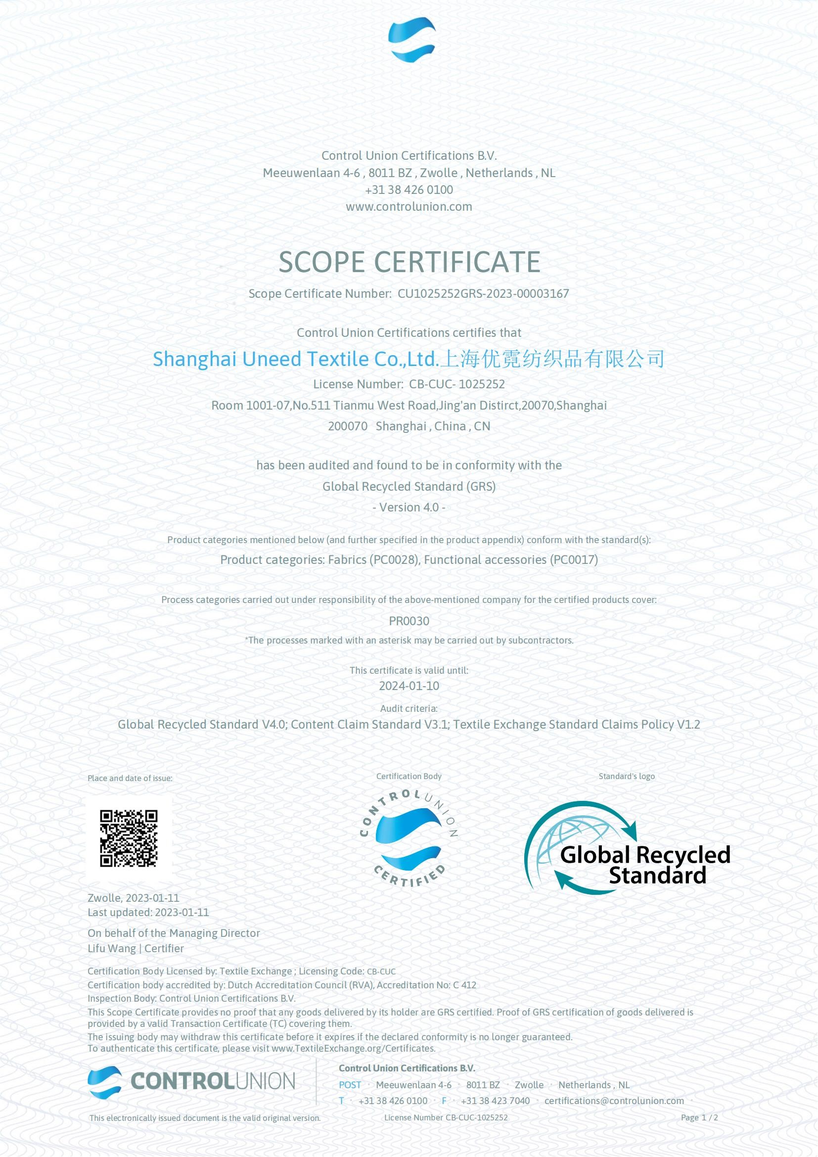 China Shanghai Uneed Textile Co.,Ltd Certification
